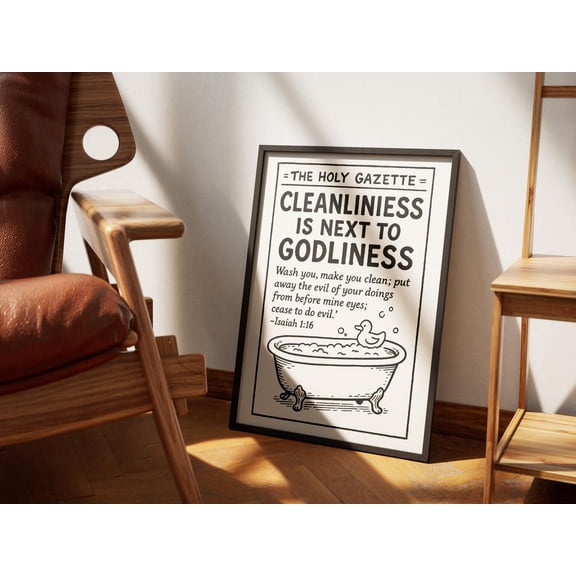 Cleanliness Is Next To Godliness Bathroom Art Aesthetic Christian Wall Art Bible Verse Print Scripture Retro Girl Modern Decor, Unframed Paper Poster 8x10in