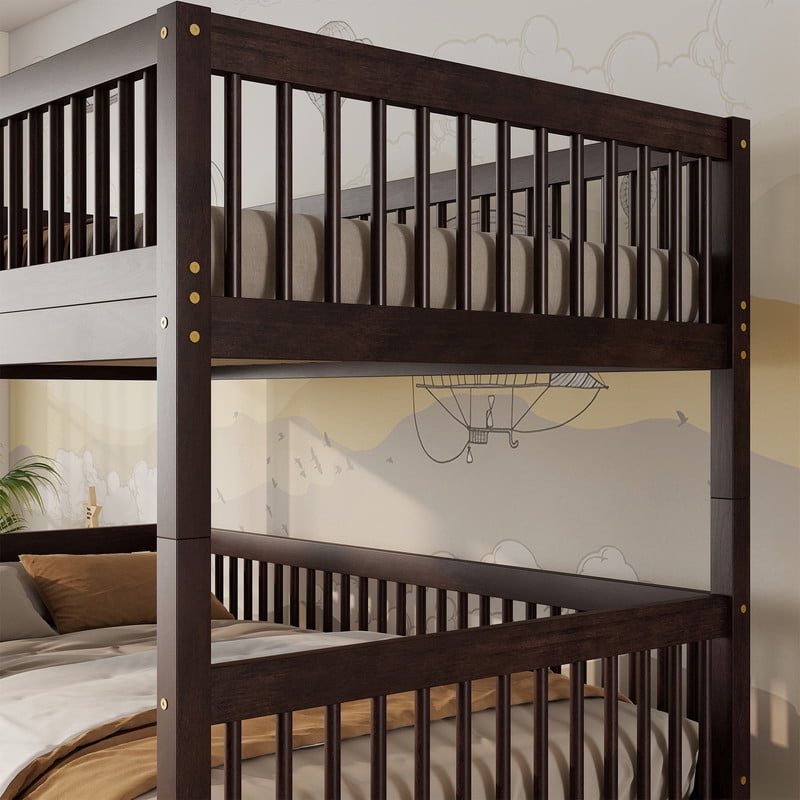 Twin-Over-Twin Size Convertible Kids Bunk Bed into 2 Platform Beds, Teens Wood Bed Frame with Ladder and Safety Guardrails
