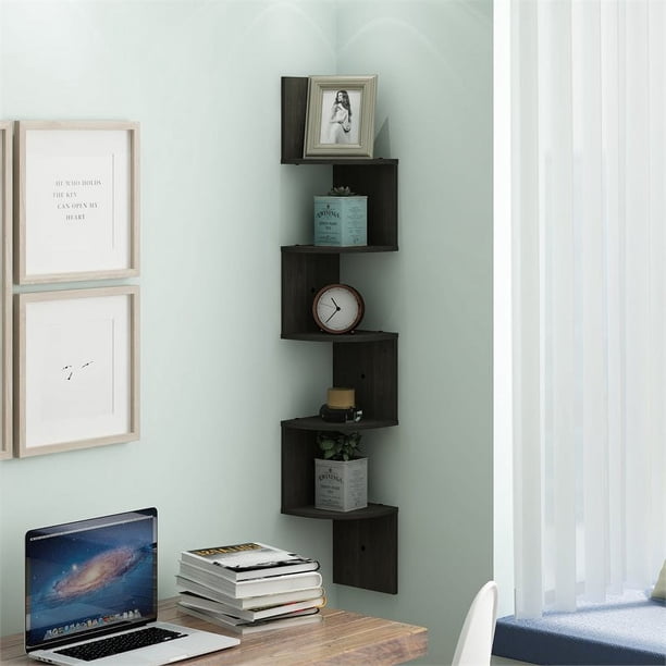 エスプレッソ コーナーシェルフ 壁掛け 5段 ロッシ Furinno, Corner Shelf Unit, FR16122EX 5 Tier Wall Mount, Espresso