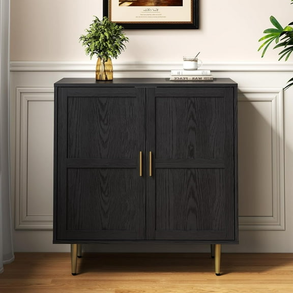 FYC'shop 2-Door Storage Cabinet, Modern Wood Credenza with Adjustable Shelves, Freestanding Buffet Sideboard Cabinet for Living Room, Bedroom, Dining Room, Entryway, Black