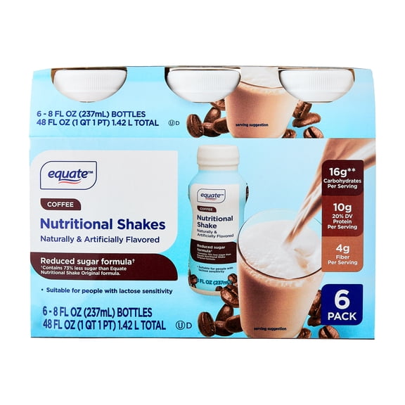 Equate Reduced Sugar Formula Nutritional Shakes, Coffee, 8 fl oz, 6 Count