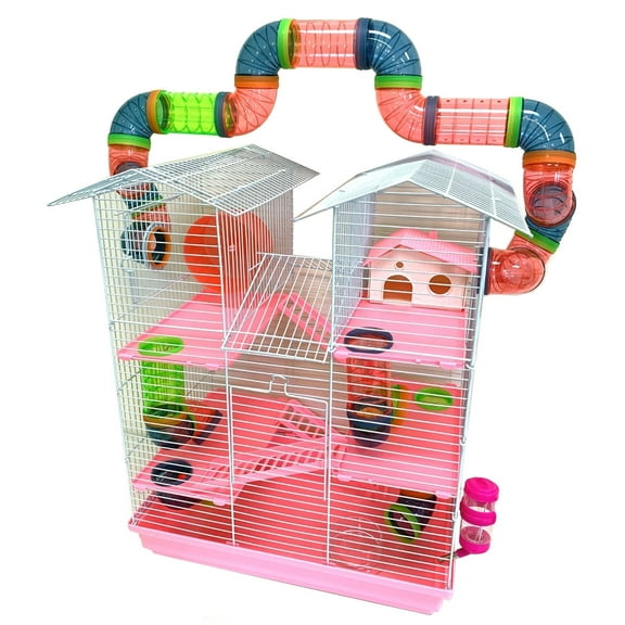 Pink Large 5-Levels Twin Tower Hamster Mouse Habitat Home House Critter Cage For Rodent Gerbil Mice Rat Wire Animal Cage With Long Crossover Tube Tunnel