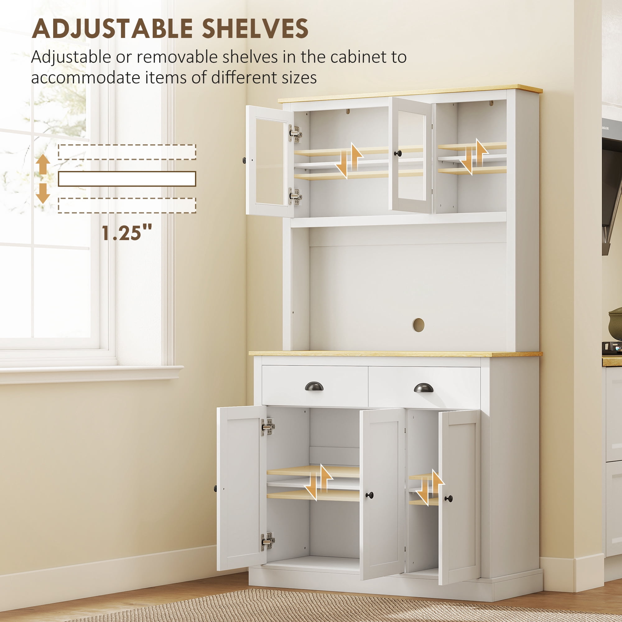HOMCOM Freestanding Kitchen Cabinet with Wide Countertop, Tall Pantry Cabinet with Adjustable Shelves, Modern Hutch for Dining Room, White