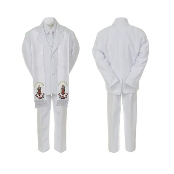 Baby Boy Christening Formal White Single Breasted Suit Silver Gold Guadalupe on Stole Sm-20