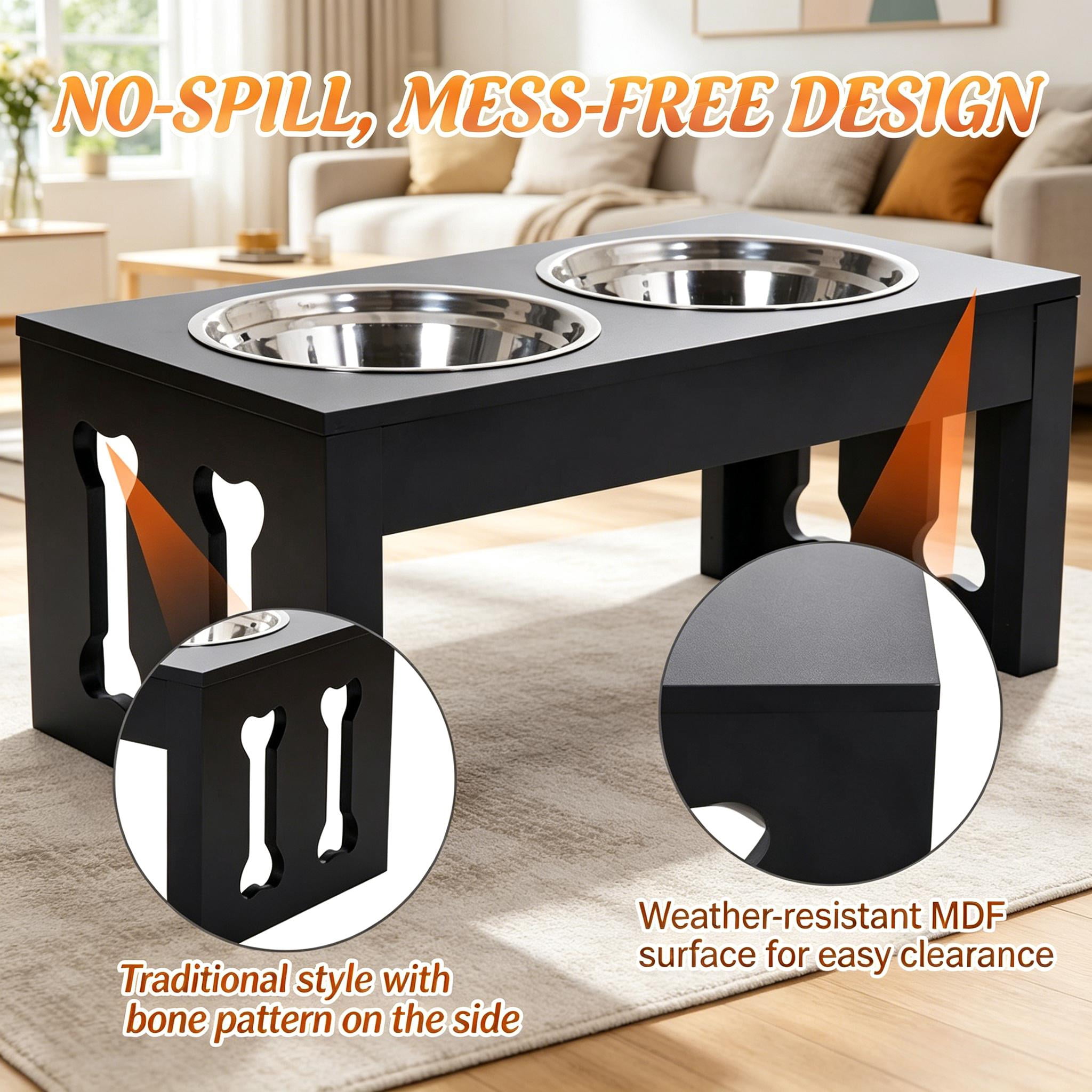 Black Elevated Double Bowls Pet Feeder, Raised Dog Feeding Station with Removable Stainless Steel Bowls, Water-Resistant MDF Frame & Non-Slip Base for Medium Sized Dogs