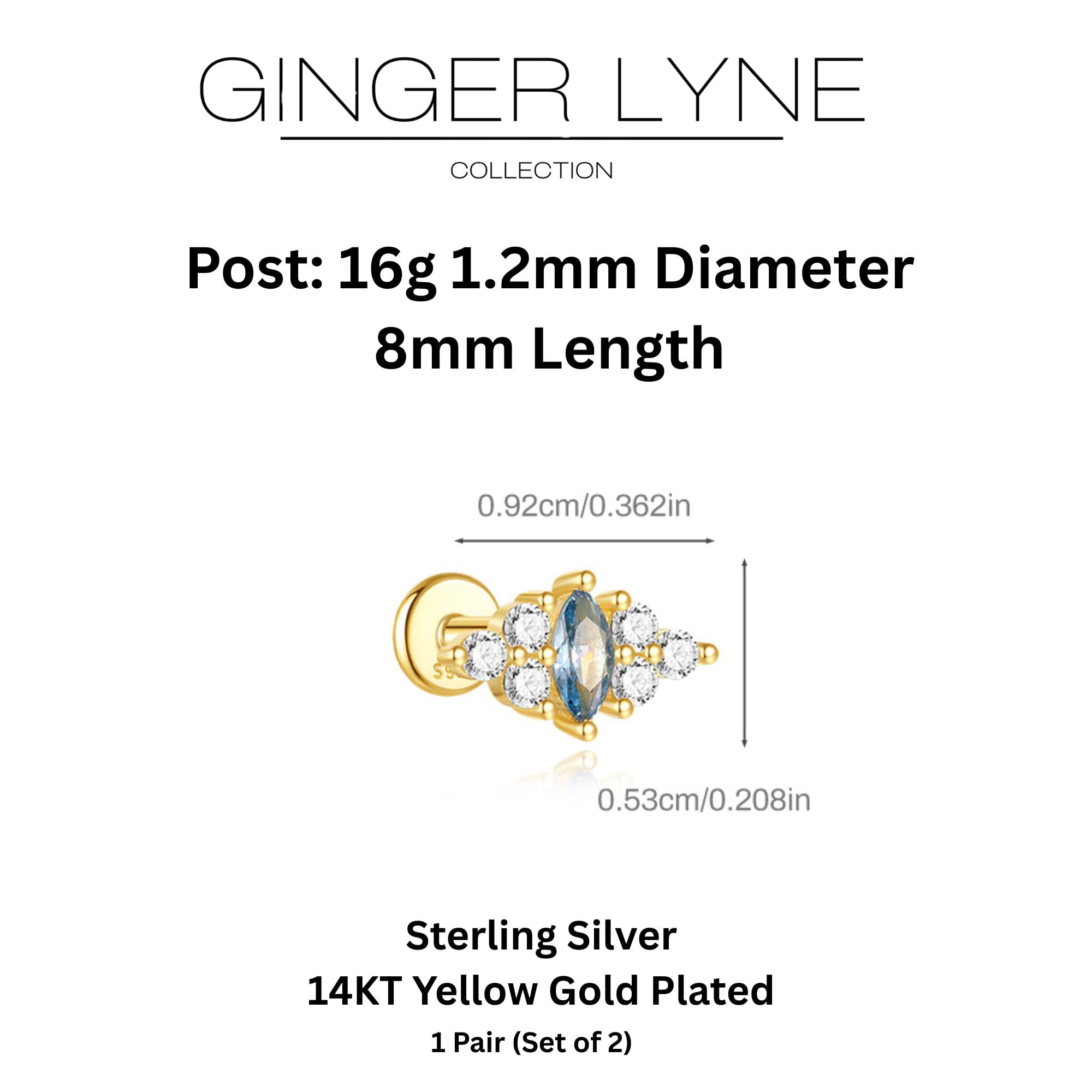 Blue Marquise CZ Flat Back Earrings for Cartilage or Lobe 16g Gold Plated Sterling Silver 1 pair by Ginger Lyne