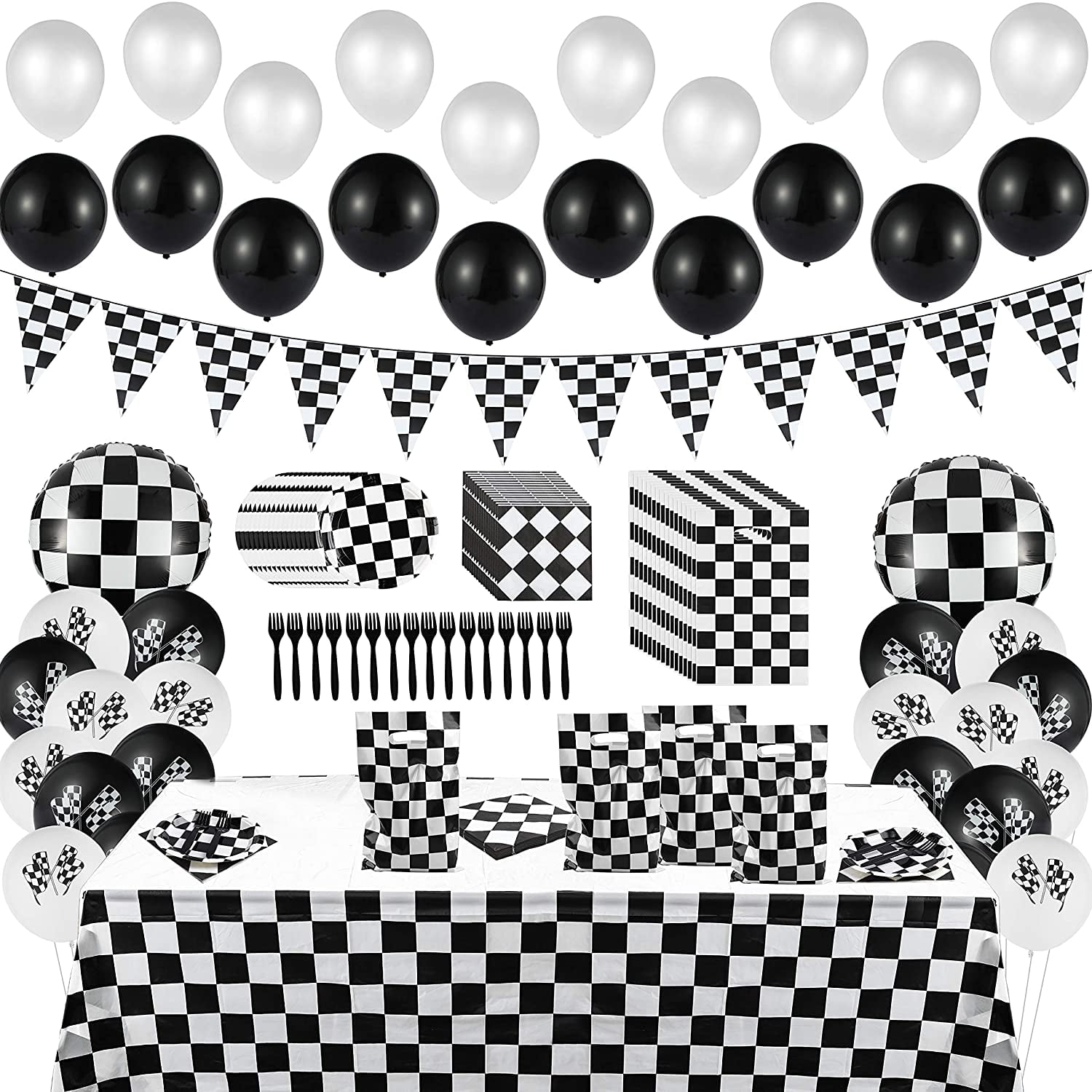 51 Pack Checkered Flag Racing Hand Held Stick Black & White Pennant Banner Decorations Supplies for Car Party Sport Events Kids Birthday Plastic Disposable Checkered Tablecloth 