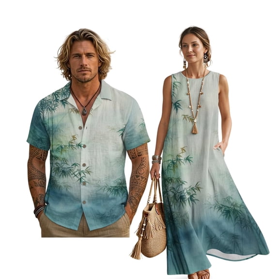 FOR U DESIGNS Green Tree Leaf Print Matching Couple Outfits Linen-Look Casual Set Men's Button Shirt and Women's Swing Sleeveless Dress