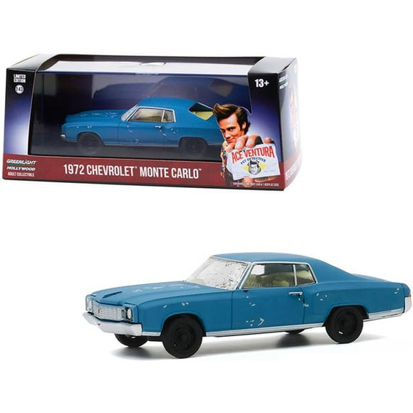 Greenlight 86564 1972 Chevrolet Monte Carlo Blue A Beat Up Ace Ventura 1 by 43 Scale Diecast Model Car