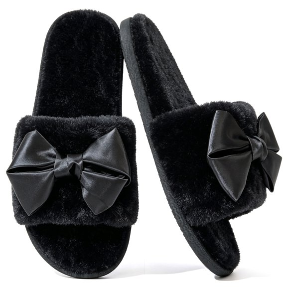 CHICVOMEY Women's Bow Slippers Open-Toe Memory Foam Fuzzy House Slippers Non-slip Indoor House Shoes