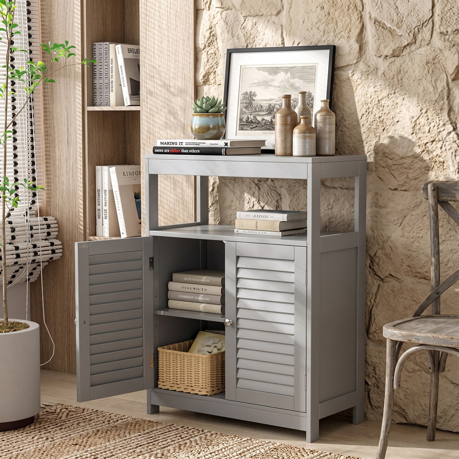 Fenbeli Freestanding Bathroom Floor Cabinet with Double Shutter Doors, MDF Storage Cabinet with Adjustable Shelf and Open Compartment, Side Console Shoe, Gray
