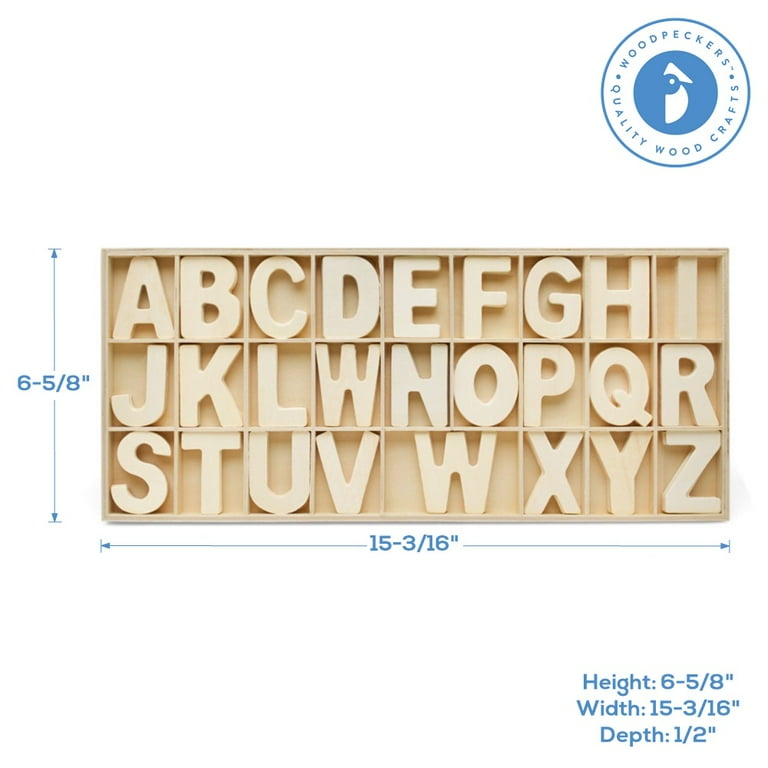  2-Inch Wooden Alphabet Letters for Arts and Crafts, 4 Sets  Uppercase ABCs with Sorting Tray, Sign Letters for Adults, Natural Color  (104 Pieces)