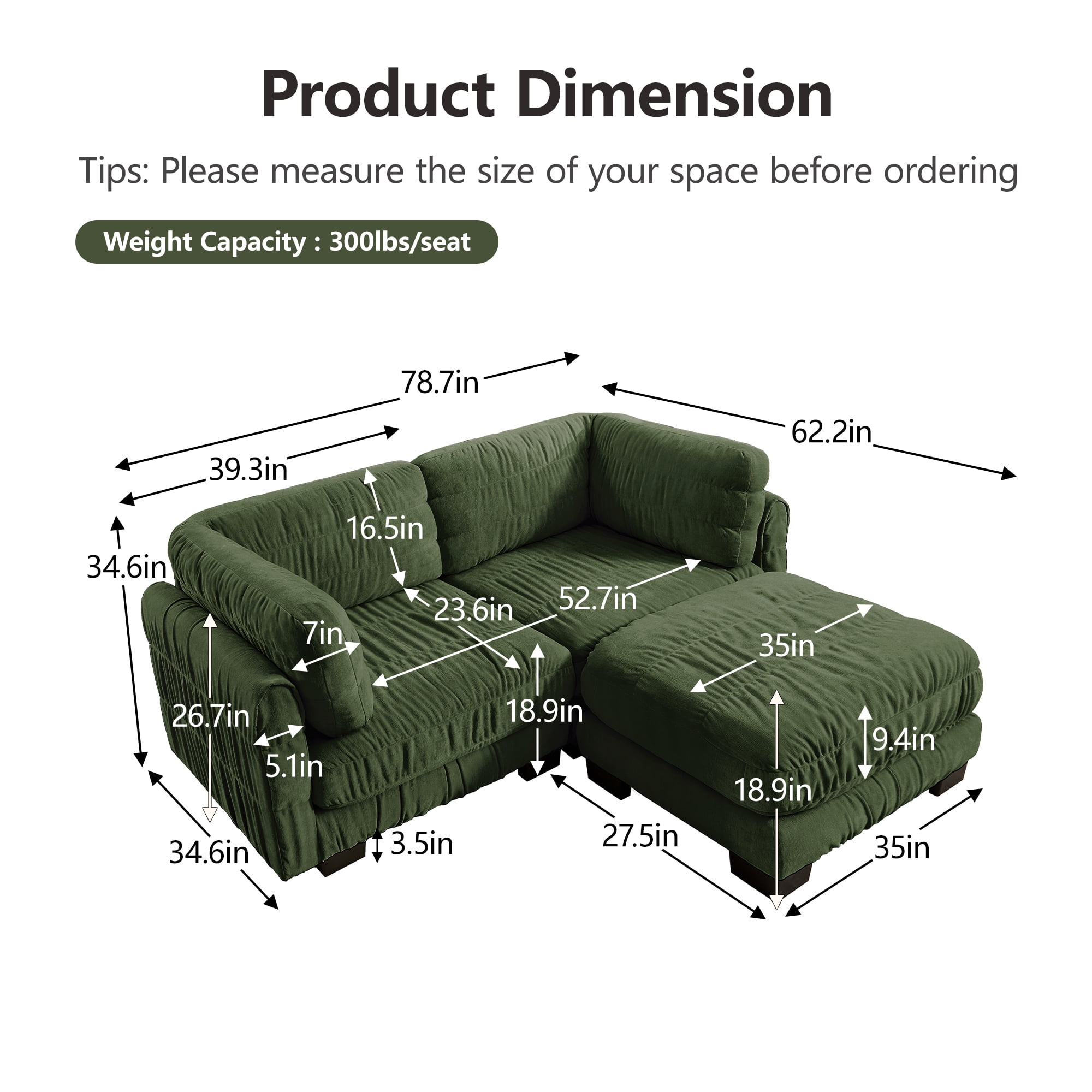 78" 2 Seat Chenille Modular Sectional Sofa with Movable Ottoman and L Shape Back Cushions,Easy Assembly