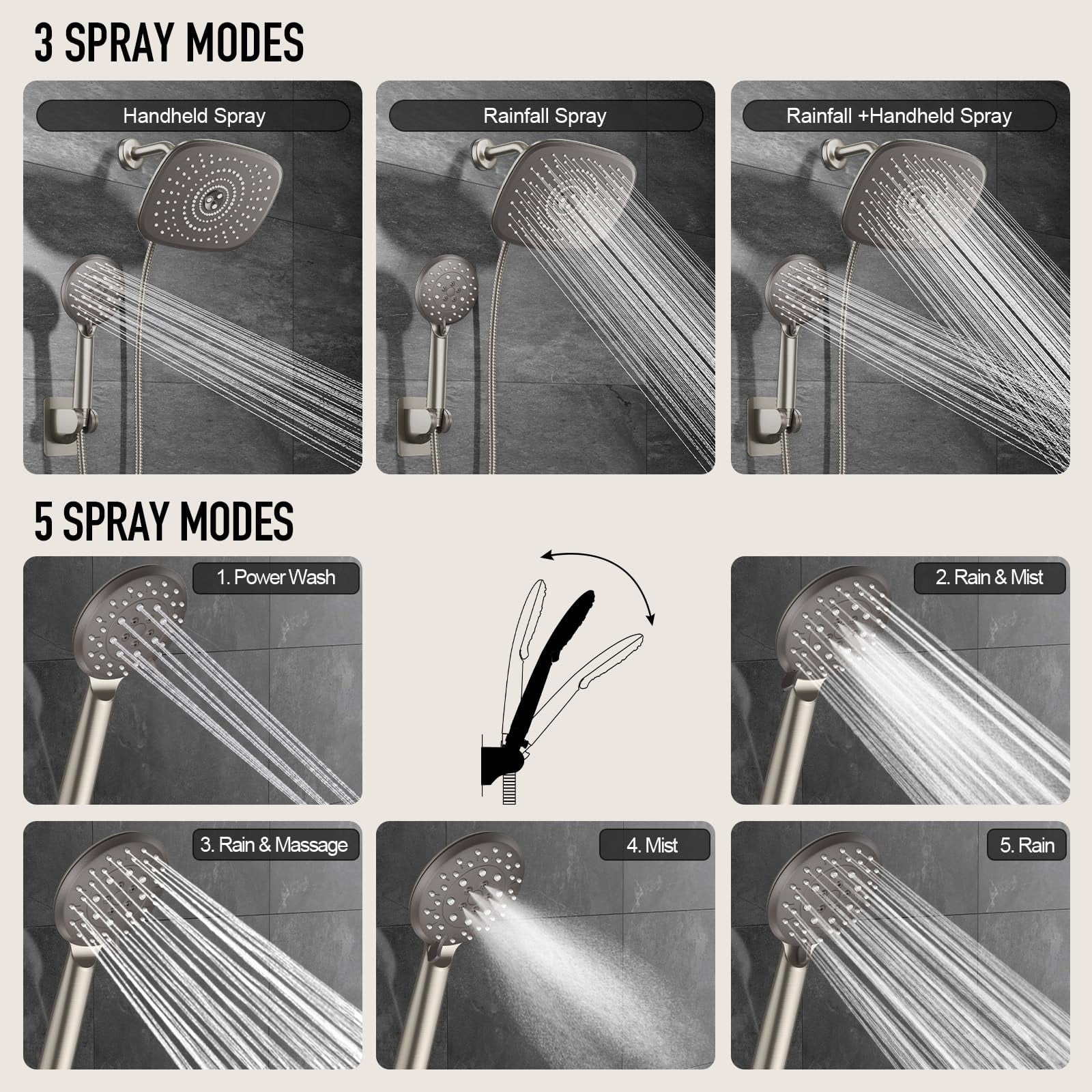 10'' Rain Shower Head With Handheld  High Rainfall Showerhead Combo 5 Water Spray Modes For Bathroom Accessories Home Decor Detachable Dual Heads Brushed Nickel