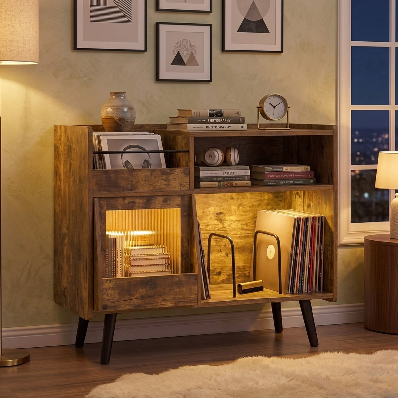 Furnibear Record Player Stand with RGB LED Light Power Outlets USB Type-C Ports and Sliding Glass Door for Living Room, Rustic Brown