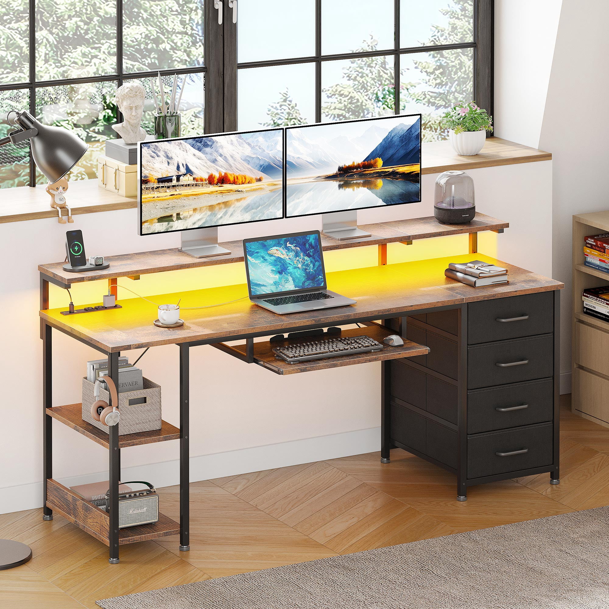 63 inch Office Desk with Power Outlet and Adjustable Monitor Stand, Computer Desk with Fabric Drawer and Keyboard Tray, Gaming Desk with LED Light & PC Stand, Vintage