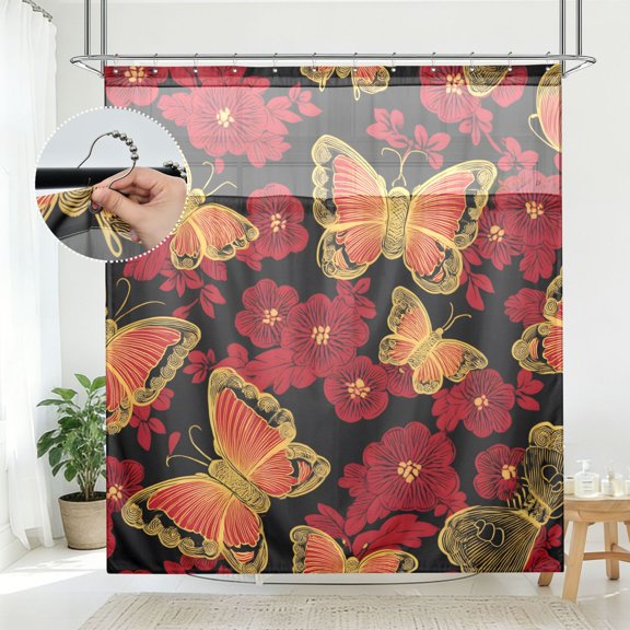 BZSMCE Red Flower Butterfly Pattern Pattern Bathroom Shower Curtain Set with Hooks Waterproof Double Layer Fabric 72×78 Inch