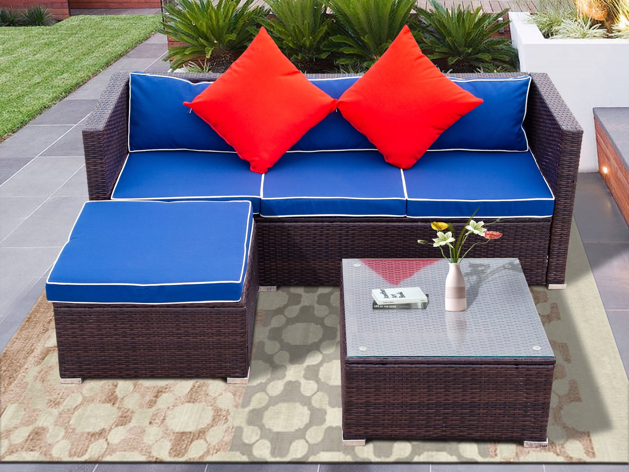 Outdoor Garden Patio Sectional Sofa Sets, SEGMART 3 Pieces Modern Wicker Furniture Set Tempered