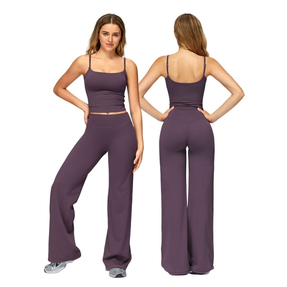 IDOPIP Womens Workout Sets 2 Piece Spaghetti Straps Square Neck Crop Top Straight Butt-lifting Leg Yoga Pants Pilates Outfits