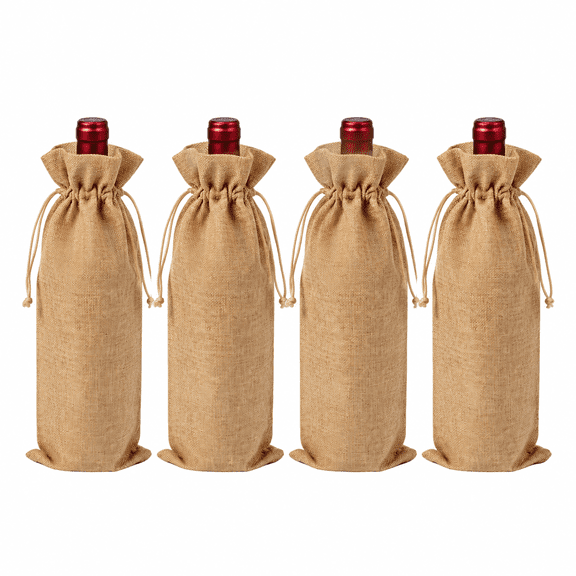 Burlap Wine Bottle Bags with Drawstring, Natural Jute Gift Bags for Wine Bottle Packaging, 4 Pack