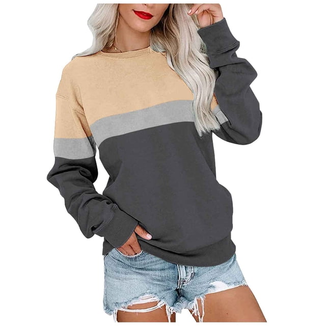 Pntutb Moda Mujer Jersey Cuello Redondo Manga Larga Color Blusas Suéter tops Pntutb Pntutb-3447