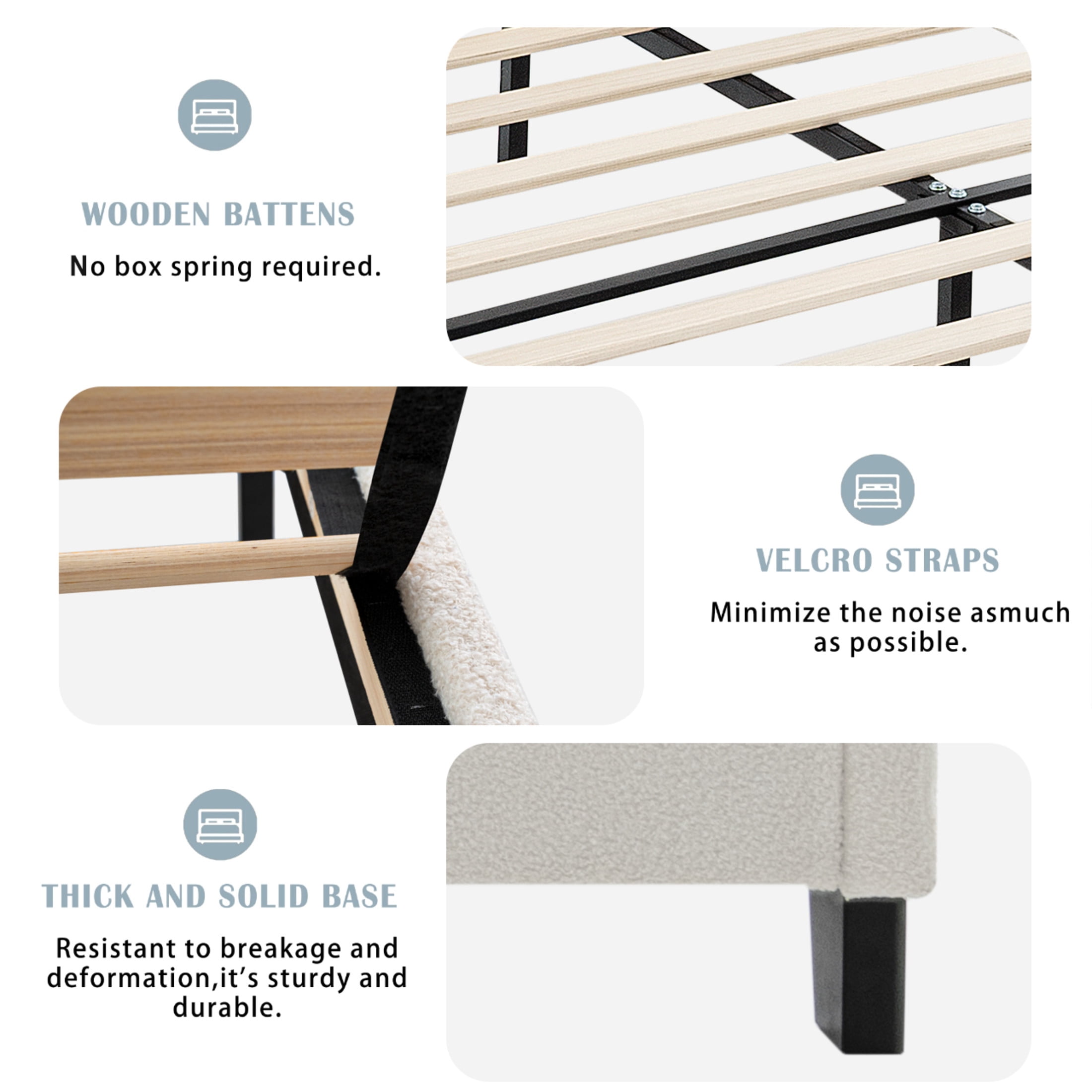 Noble House Diane king Size Upholstered Bed Frame, Teddy Velvet Headboard with Solid Wood Legs, Minimal Design, White