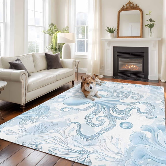 5'x8' Area Rugs, Blue Coastal Octopus Indoor Outdoor Area Rug for Living Room Bedroom, Summer Watercolor Coral Washable Bathroom Rugs Kitchen Floor Carpet Mats Home Decor Aesthetic
