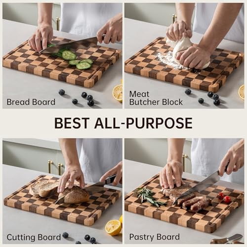 Checkerboard Cutting Board, Wooden Cutting Boards for Kitchen, End Grain Wood Cutting Board with Juice Groove, Serving Tray for Meat, Vegetables, Fruits, Bread, Cheese, 14" X 11" X 0.8"