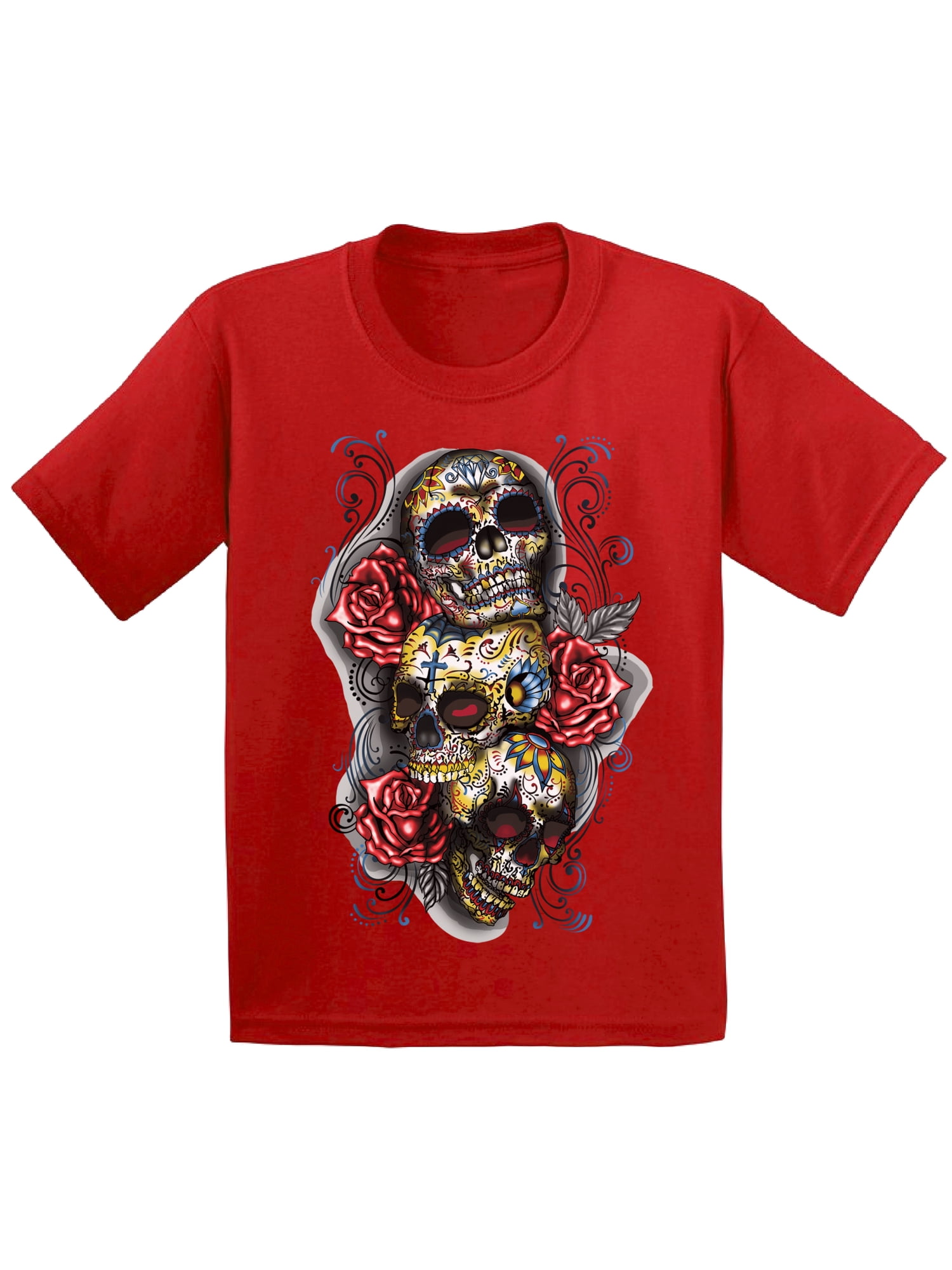 Awkward Styles Three Sugar Skull Tshirt for Kids Skull Red Roses Shirt