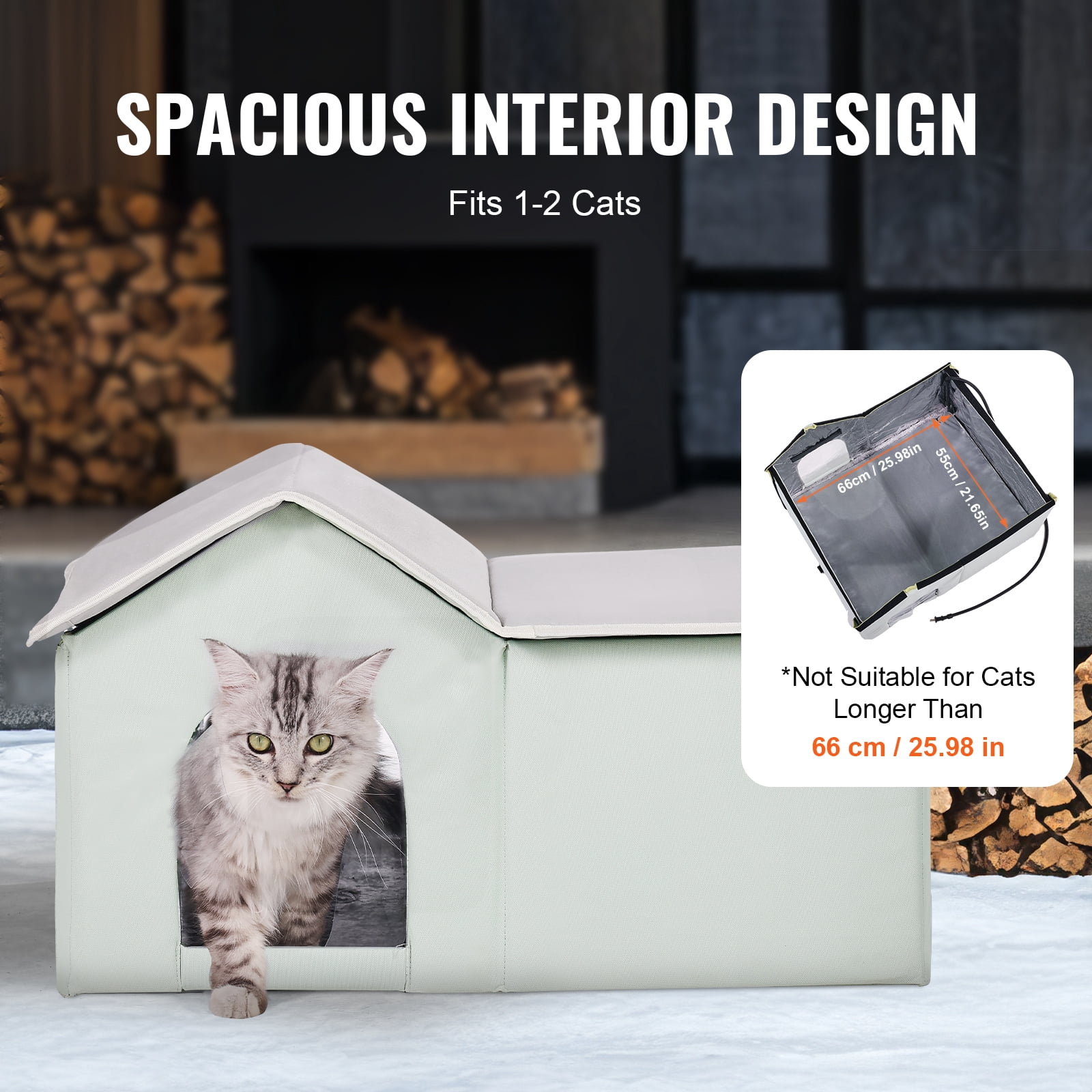 VEVOR Heated Cat House, Outdoor Kitty Shelter with Adjustable Temperature and Timer, 600D Oxford Cloth Foldable Cat Shelter with Heated Pad for Winter to Stay Warm and Cozy, Green (Large)
