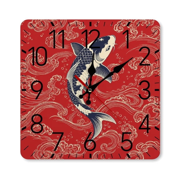RKSupls 10×10inch Square Silent Wall Clock Wooden Frame, Koi Fish Waves Red Scale Decorative Clock for Home Bedroom Living Room Office
