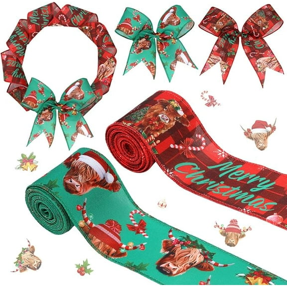 Christmas Highland Cow Theme Ribbon Set, Red Green Cattle Snowflake Checkered Wired Edge Ribbon for Xmas Winter Holiday New Year Farm Animals Party, Gift Wrapping Wreaths Bow Crafts Decor