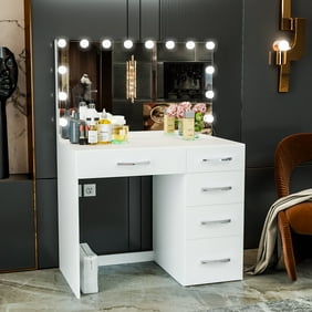 Boahaus Saranya Modern Vanity Table, Light Bulbs, White Finish, for Bedroom