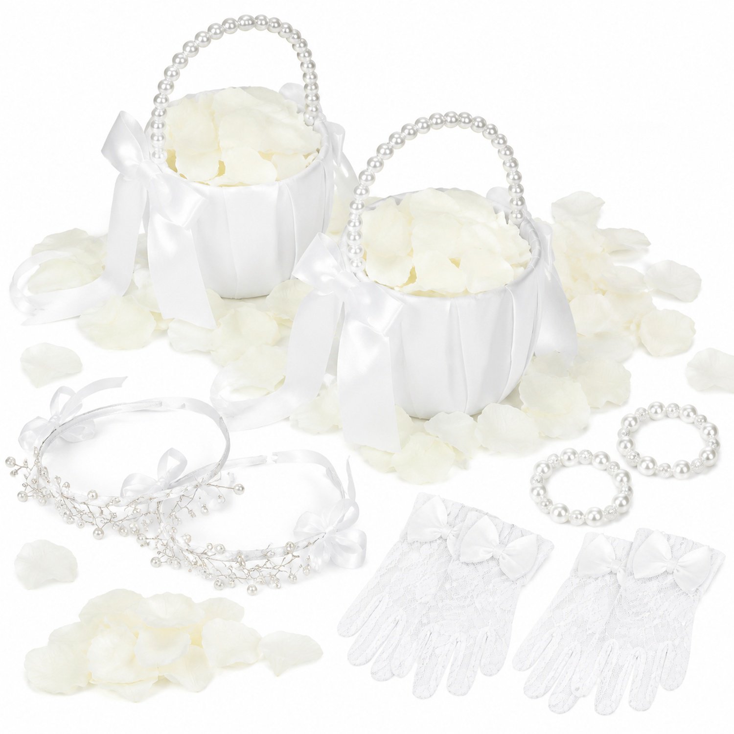 Flower Girl Basket Set for Wedding, White Pearl Flower Baskets with Headbands, Bracelets, Gloves and 1000 Ivory Rose Petals, Wedding Ceremony Accessories and Aisle Decorations