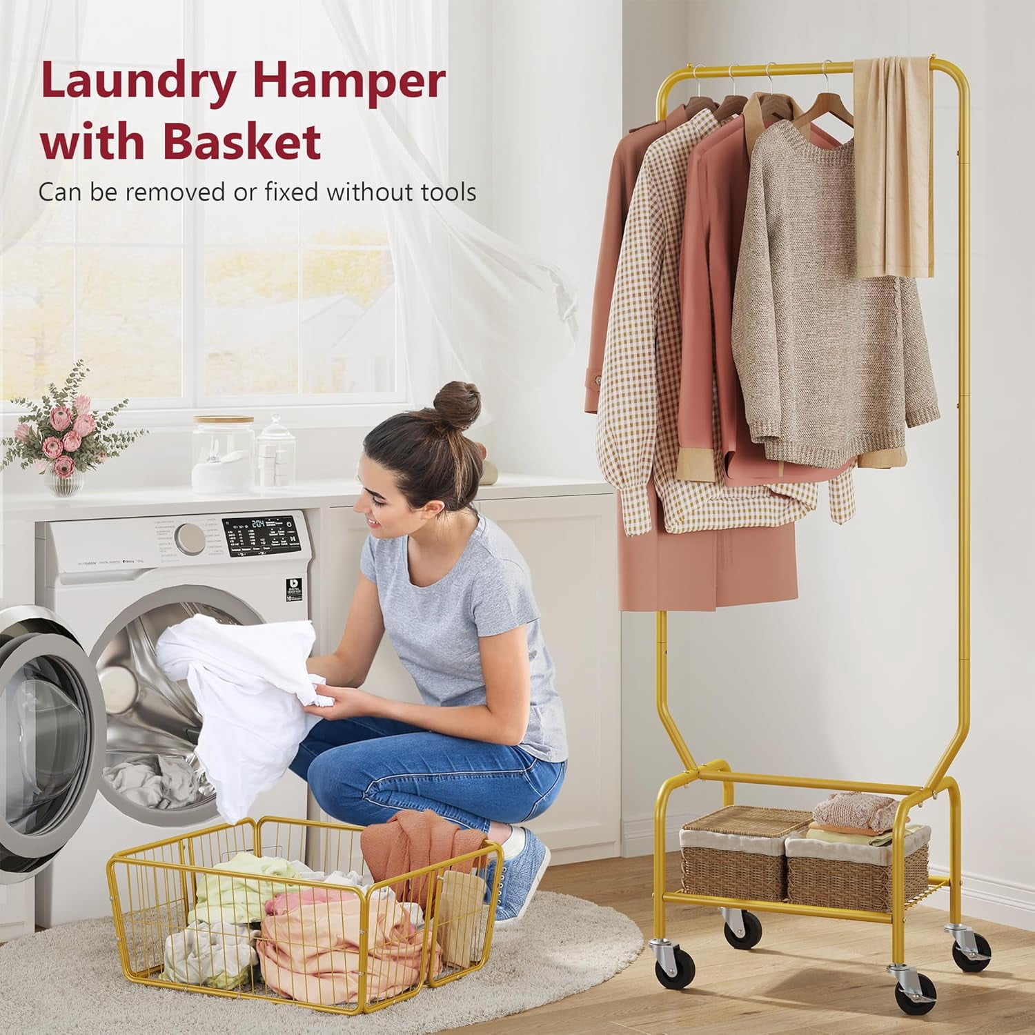 Laundry Cart with Wheels, Metal Rolling Laundry Hamper with Hanging Rack, Storage Basket and Shelf, Gold