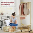 thumbnail image 3 of Laundry Cart with Wheels, Metal Rolling Laundry Hamper with Hanging Rack, Storage Basket and Shelf, Gold, 3 of 14
