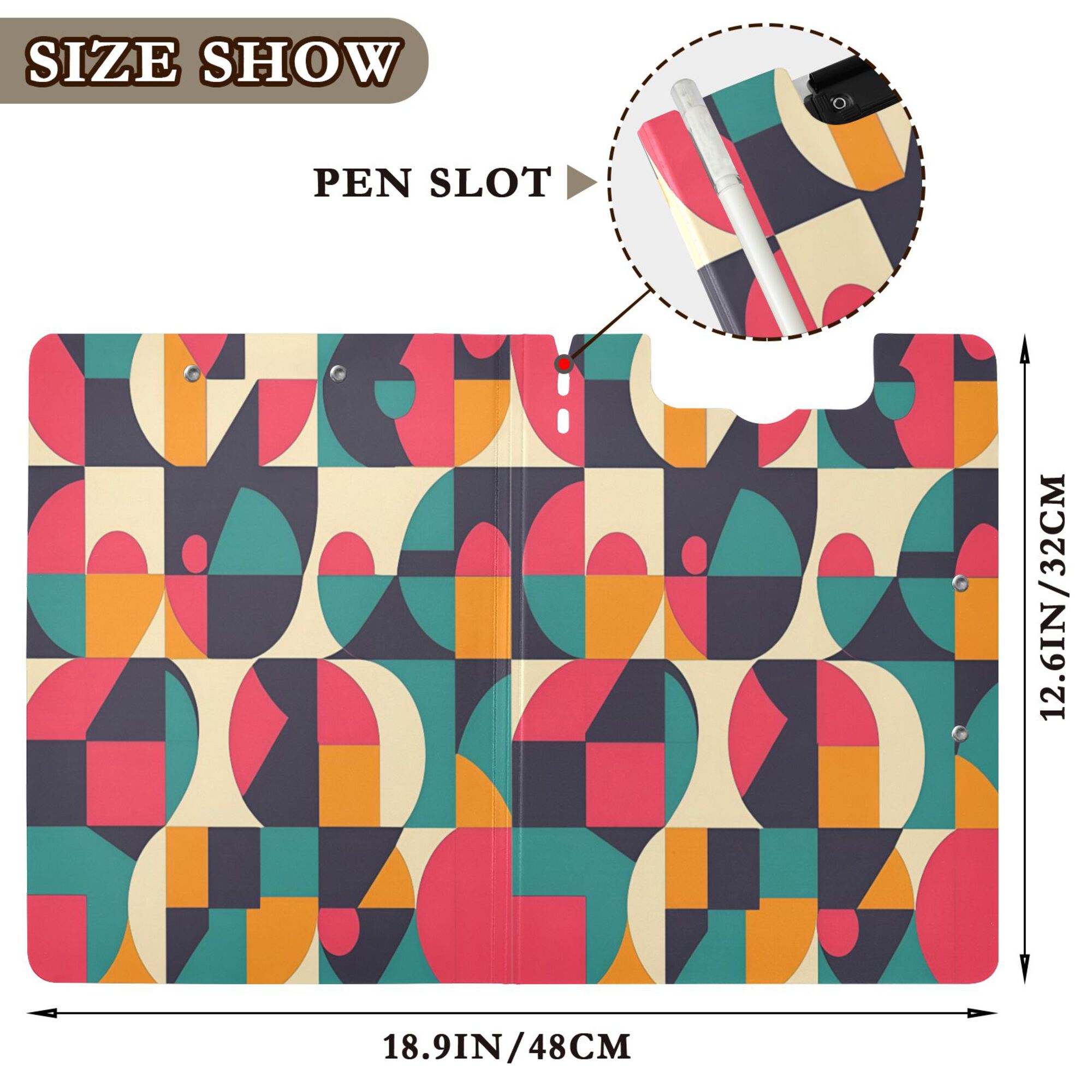FORMRS A4 Clipboard Folder with Pen Holder Horizontal Foldable School Office Binder, Retro Geometric