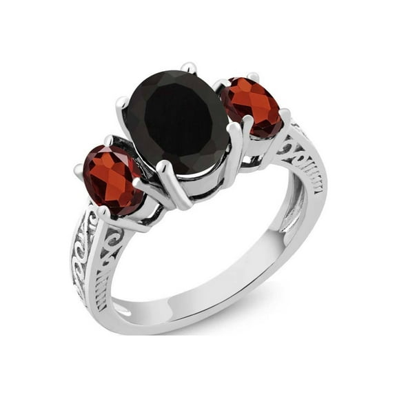 Gem Stone King 925 Sterling Silver Black Onyx and Red Garnet 3 Stone Ring for Women (2.73 Cttw, Gemstone Birthstone, Available in Size 5, 6, 7, 8, 9)