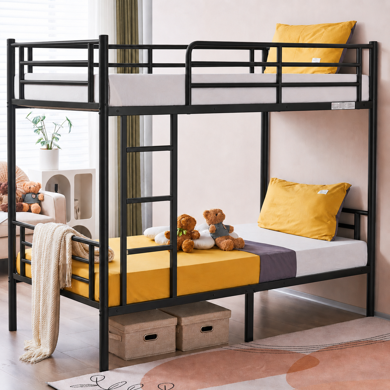 Zimtown Twin over Twin Metal Bunk Bed with Ladder, Black