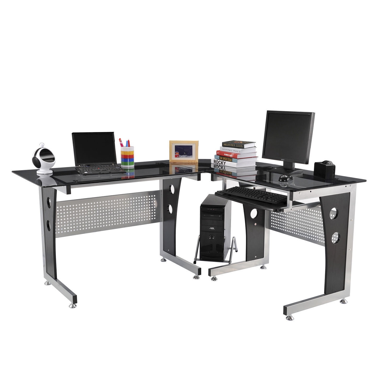 Homcom L Shaped Corner Computer Desk Gaming Table Home Office Workstation Glass Top P2 Mdf With Keyboard Tray Black Com Homcom L Shaped Corner Computer Desk, L Shaped Desk Office Computer Glass Corner With Keyboard Tray Instructions