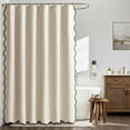 thumbnail image 2 of Beige Scalloped Shower Curtain Linen Textured with 12 Metal Hooks Cute Heavy Duty Washable Waterproof Neutral Thick Cloth Shower Curtains with Black Border for Bathroom Hotel Bathtub,W72*L72, 2 of 6