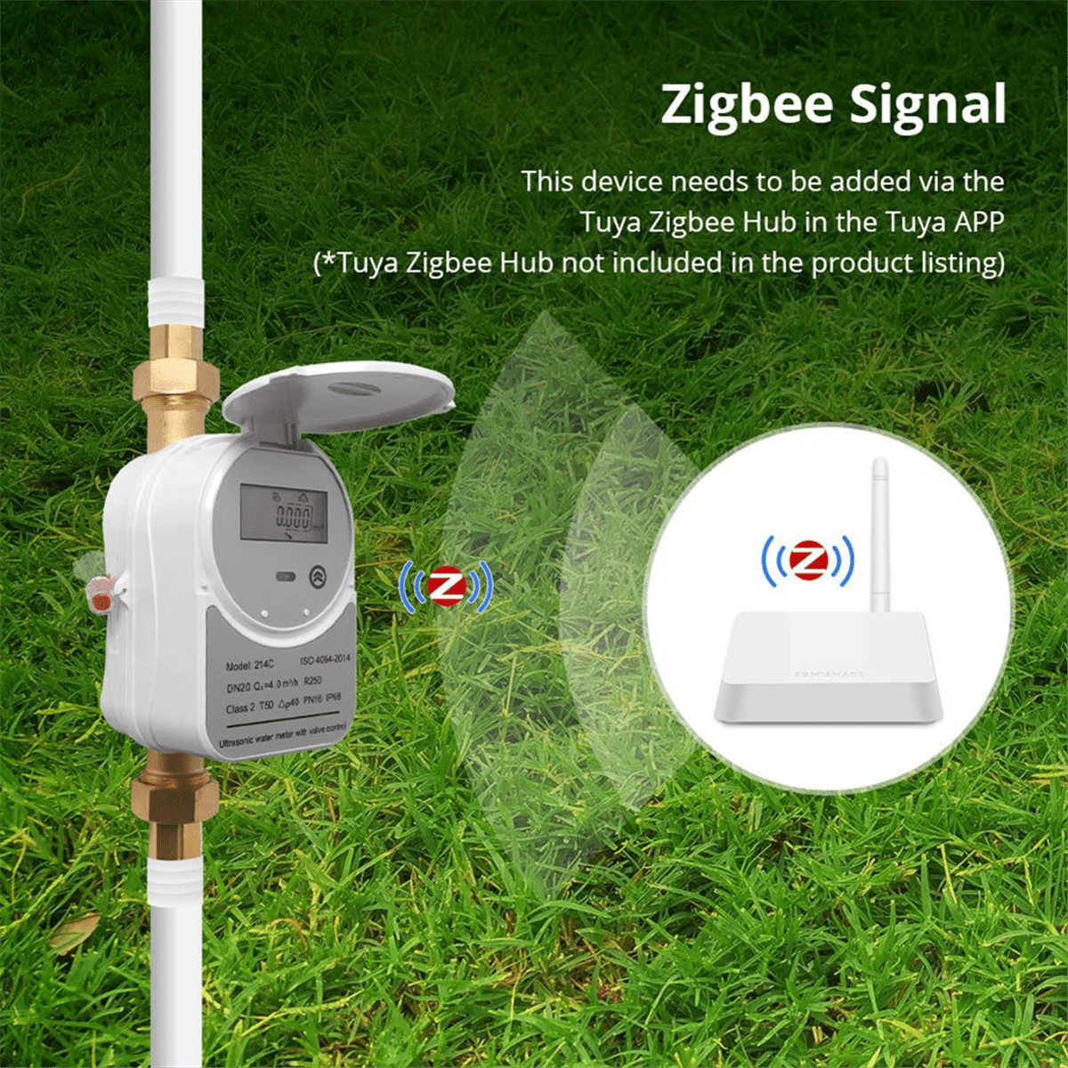 Tuya Zigbee Ultrasonic Water Meter DN20 with Valve LCD Display Water Quantity Flow Consumption Measure IP68 Waterproof,1 x Ultrasonic Water Meter kit