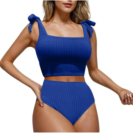 Arnsht Women s Solid Color Sheath High Waisted Bikini Swimsuit Two Piece Adjustable Suspenders Cheeky Bathing Suits Blue XL