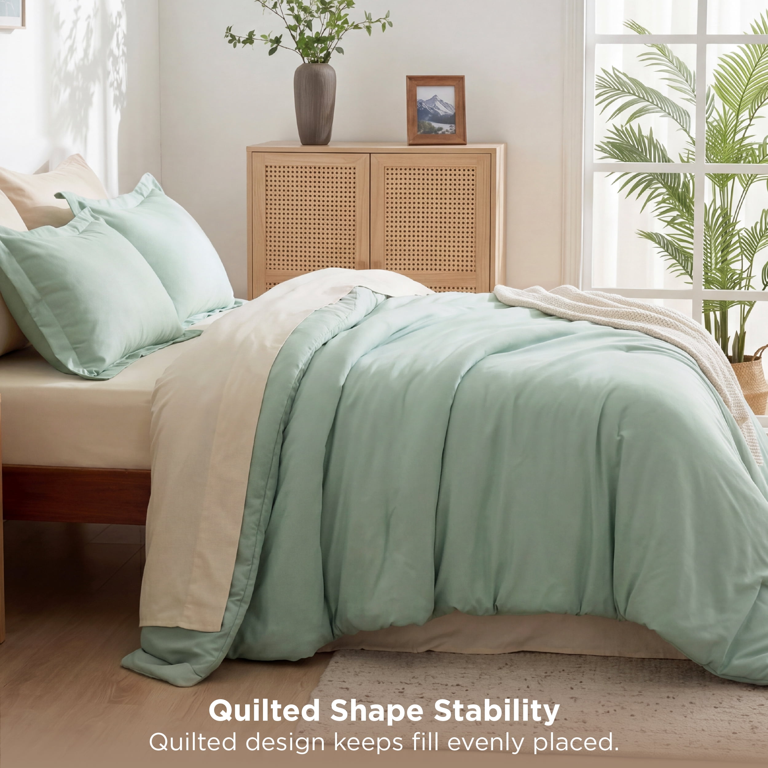 U by Bedsure Full Comforter Set Sage Green, 7 Pieces Reversible Bed in a Bag, Boho Lightweight Bedding Set, Contrasting Design