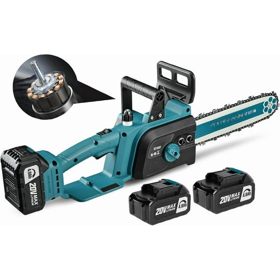 Brushless 12-Inch Electric Chainsaw Cordless, 2 × 4.0Ah Batteries Powered Chain Saw, 26 Ft/s 20V Upgraded Portable Compact Saw Handheld for Wood Cutting, Free Assemble