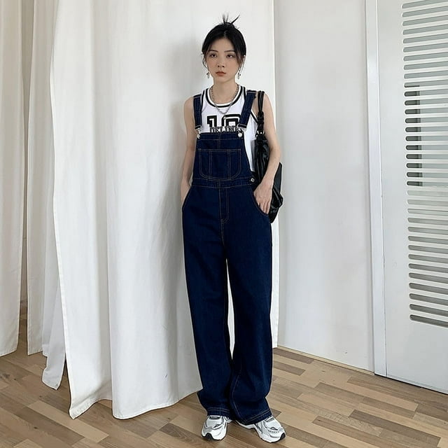 Salopettes Rétro Y2k Bleu Foncé pour Femmes Mode Coréenne Combinaison en Denim Été Ample Taille Haute Rue Pantalon Ample ZR