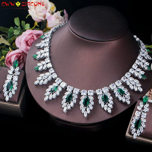 Dainty Silver Plated Green CZ Square Leaf Earrings Necklace Wedding Jewelry Set