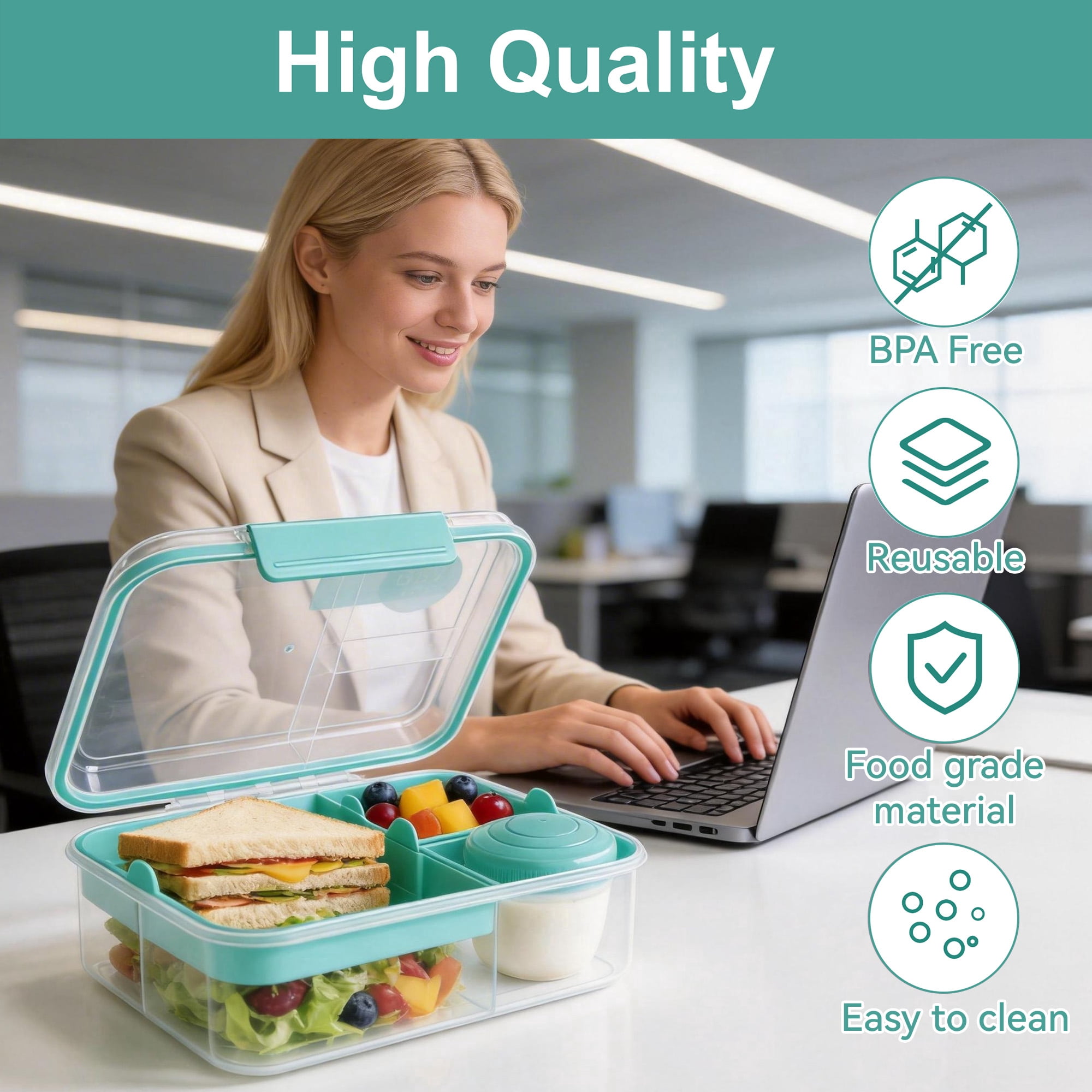 GARITIN Bento Box, Adult Lunch Bento Box, Plastic Lunch Box with Handle to Go, Lunch Containers for Adults, Portable Lunch Containers, Food Box Suit for Work Picnic Travel( 1.65 L )