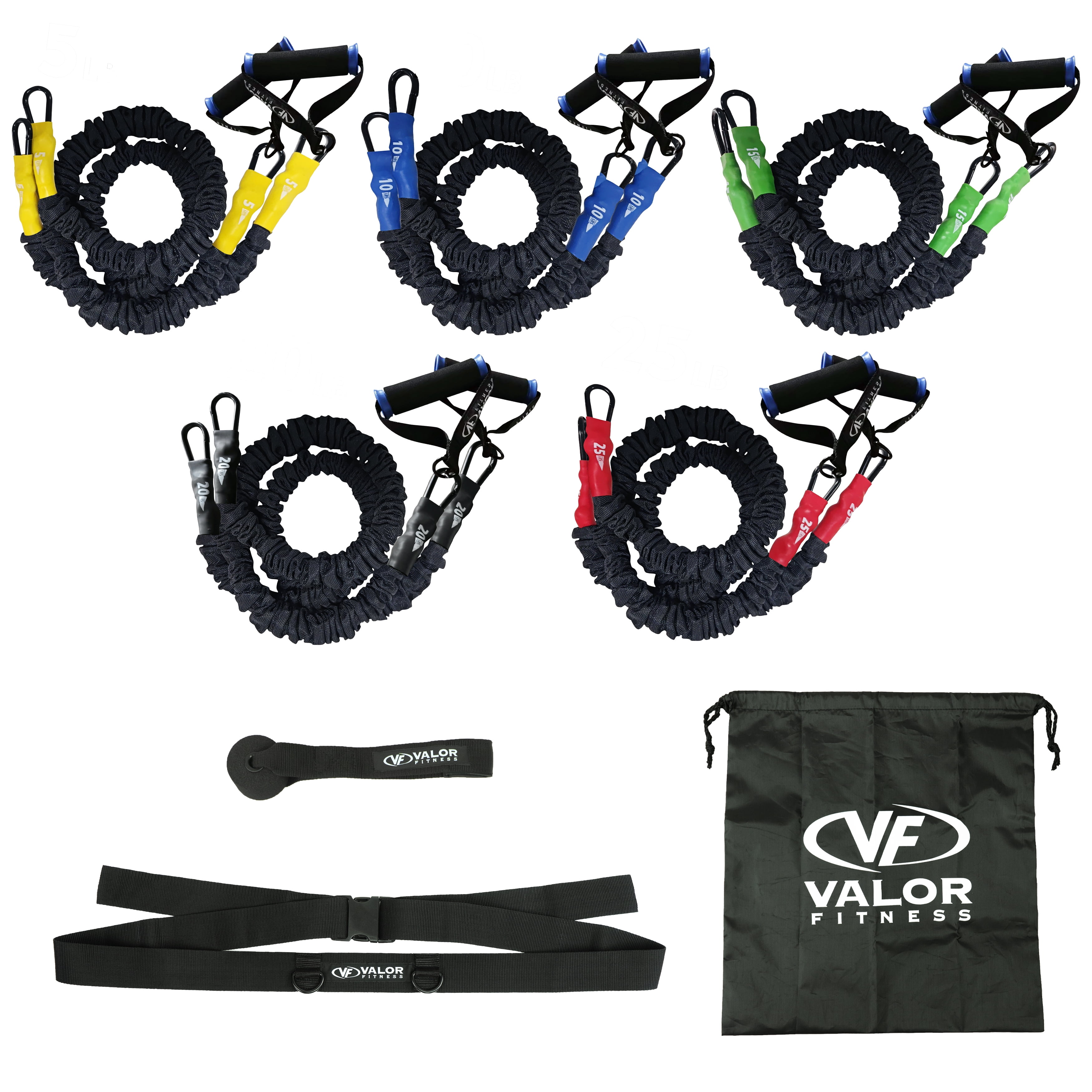 Valor Fitness Resistance Bands –Includes 5 Sets of Bands - 5 - 25 lbs.– Carabiners Attached -2 Grip Handles Per Set, Door Belt & Anchor, Bag– Sheath Covered - Mobility Exercise