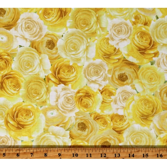 Cotton Packed Yellow Roses Flowers Floral Cotton Fabric Print by the Yard (FLEUR-CD2458-LEMON)